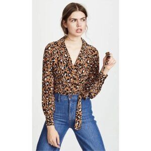 DIANE VON FURSTENBERG Shirt Womens Brown Whitman Leopard Print Silk Wrap Top